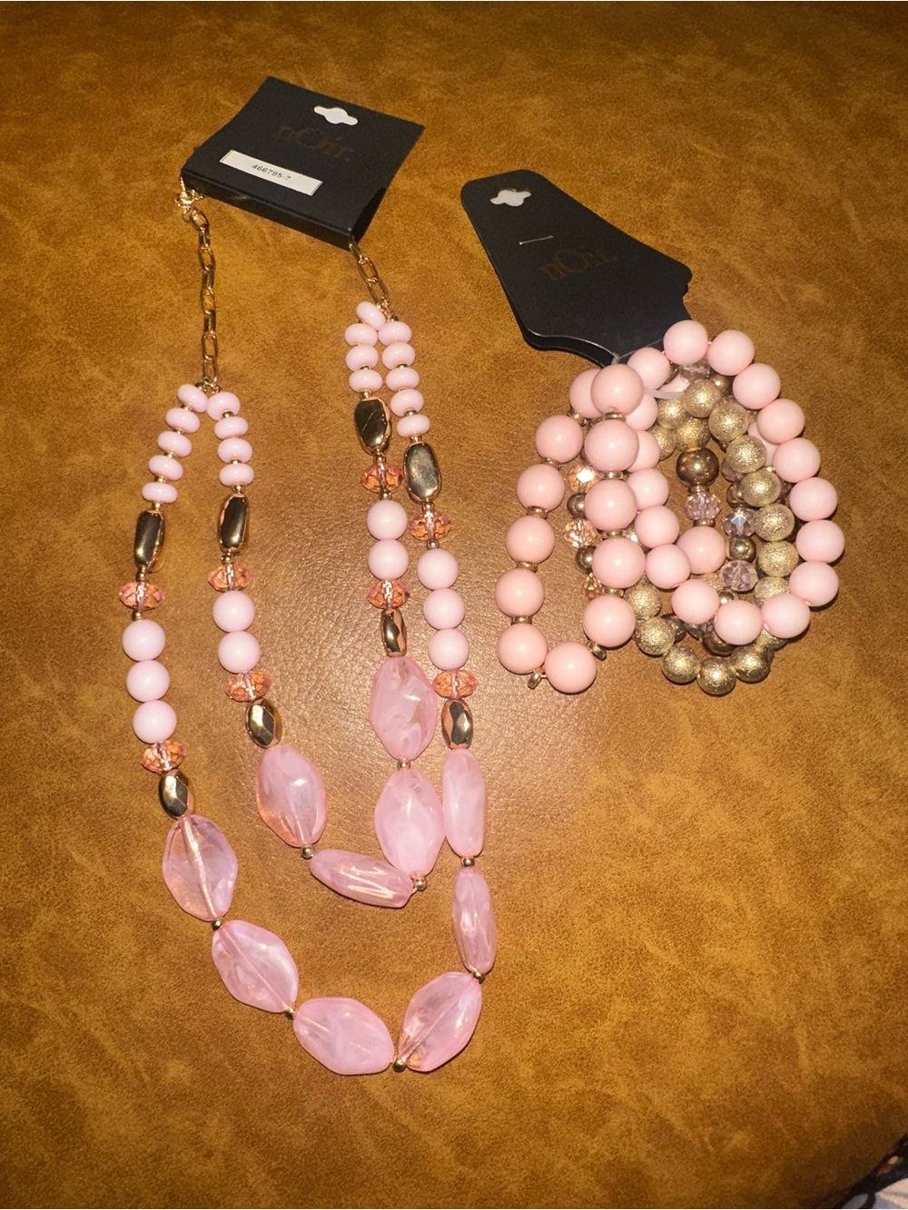 nOir Jewelry Pink and Gold Beaded Necklace with Matching Bracelets
